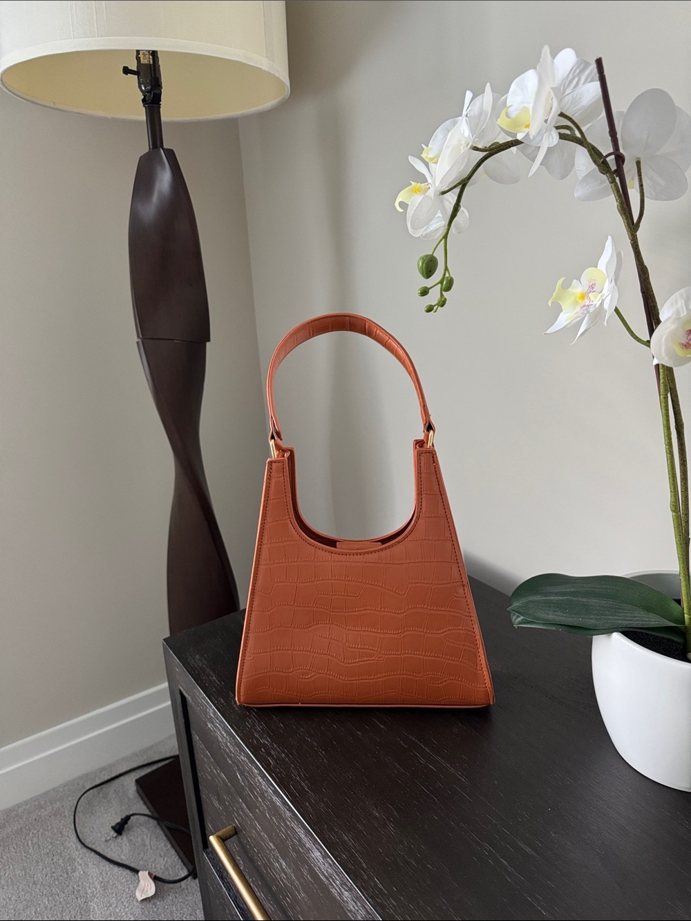 Structured Faux Croc-Embossed Top-Handle Bag in  tan orange